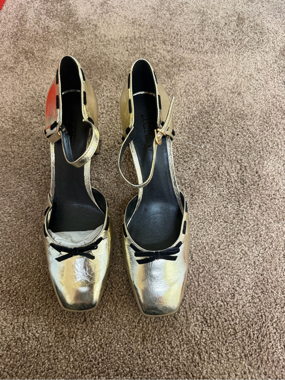 J. Crew Metallic Gold Ankle-Strap Heels with Black Bow